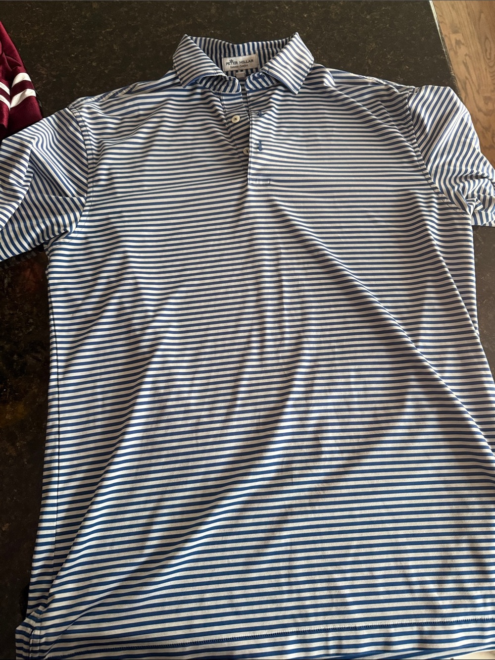 Peter Millar Blue and White Horizontal Stripe Golf Polo